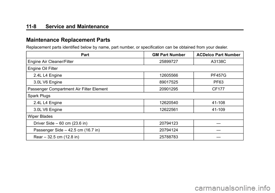 CHEVROLET EQUINOX 2011 2.G Owners Manual Black plate (8,1)Chevrolet Equinox Owner Manual - 2011
11-8 Service and Maintenance
Maintenance Replacement Parts
Replacement parts identified below by name, part number, or specification can be obtai