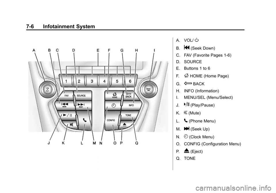 CHEVROLET EQUINOX 2012 2.G Owners Manual Black plate (6,1)Chevrolet Equinox Owner Manual - 2012
7-6 Infotainment System
A. VOL/O
B.g(Seek Down)
C. FAV (Favorite Pages 1-6)
D. SOURCE
E. Buttons 1 to 6
F.
FHOME (Home Page)
G.
EBACK
H. INFO (In