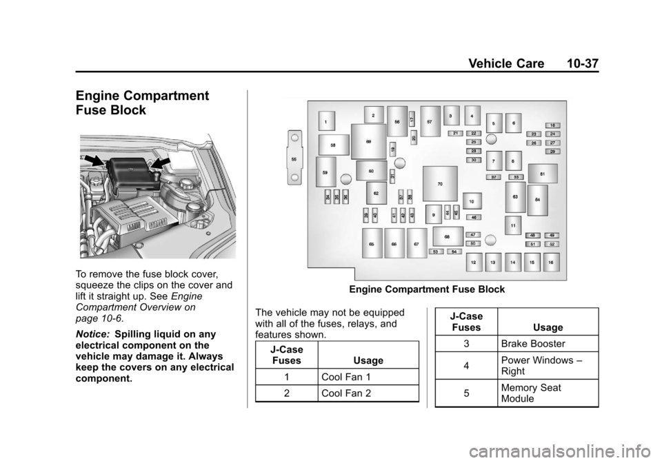 CHEVROLET EQUINOX 2012 2.G Owners Manual Black plate (37,1)Chevrolet Equinox Owner Manual - 2012
Vehicle Care 10-37
Engine Compartment
Fuse Block
To remove the fuse block cover,
squeeze the clips on the cover and
lift it straight up. SeeEngi