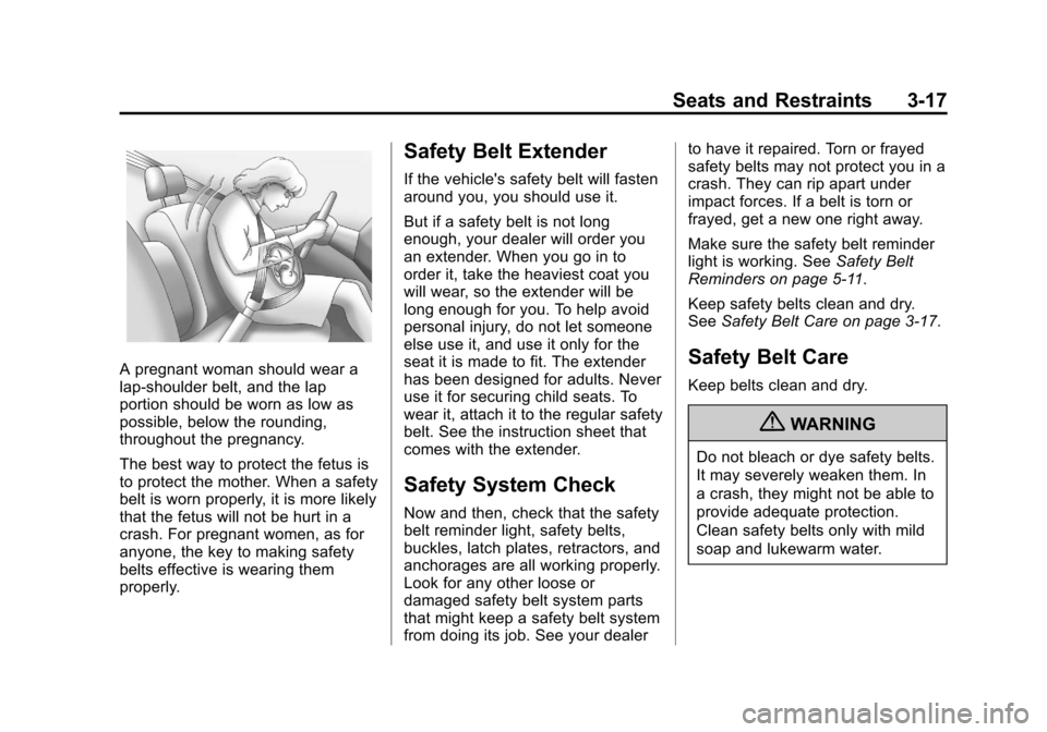 CHEVROLET EQUINOX 2013 2.G Owners Manual Black plate (17,1)Chevrolet Equinox Owner Manual - 2013 - CRC - 5/21/12
Seats and Restraints 3-17
A pregnant woman should wear a
lap-shoulder belt, and the lap
portion should be worn as low as
possibl