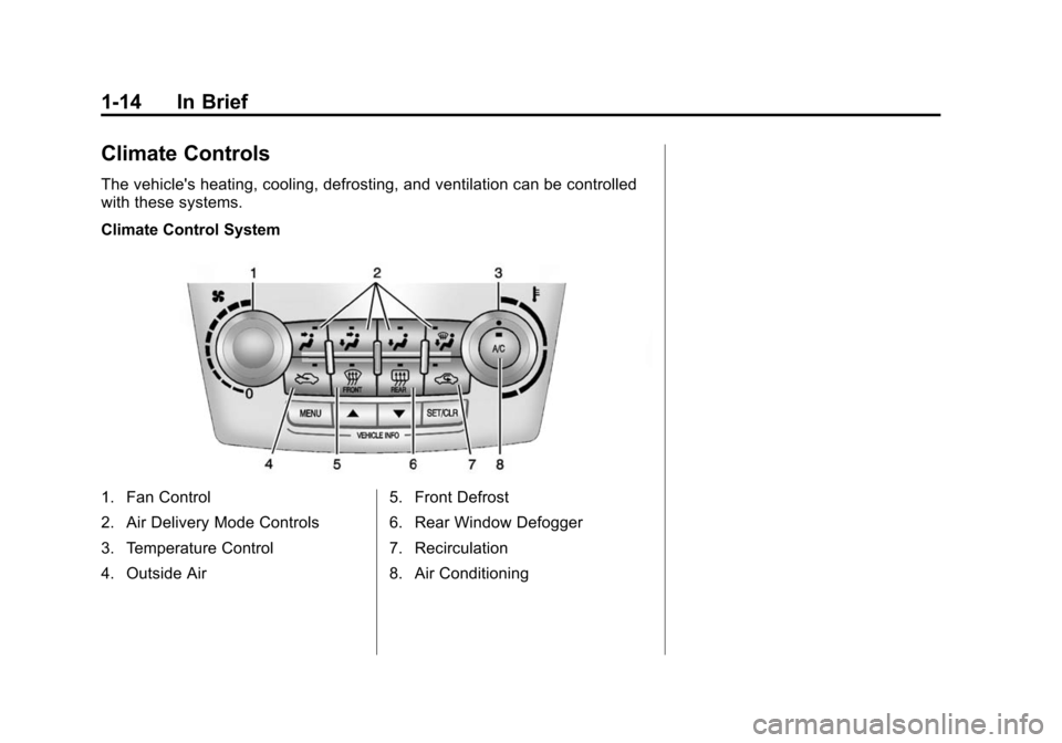 CHEVROLET EQUINOX 2014 2.G Owners Manual Black plate (14,1)Chevrolet Equinox Owner Manual (GMNA-Localizing-U.S./Canada-
6081479) - 2014 - crc2 - 10/23/13
1-14 In Brief
Climate Controls
The vehicles heating, cooling, defrosting, and ventilat