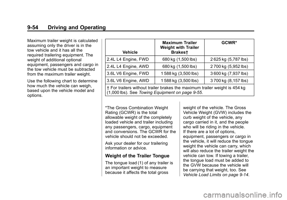 CHEVROLET EQUINOX 2014 2.G Owners Manual Black plate (54,1)Chevrolet Equinox Owner Manual (GMNA-Localizing-U.S./Canada-
6081479) - 2014 - crc2 - 10/23/13
9-54 Driving and Operating
Maximum trailer weight is calculated
assuming only the drive