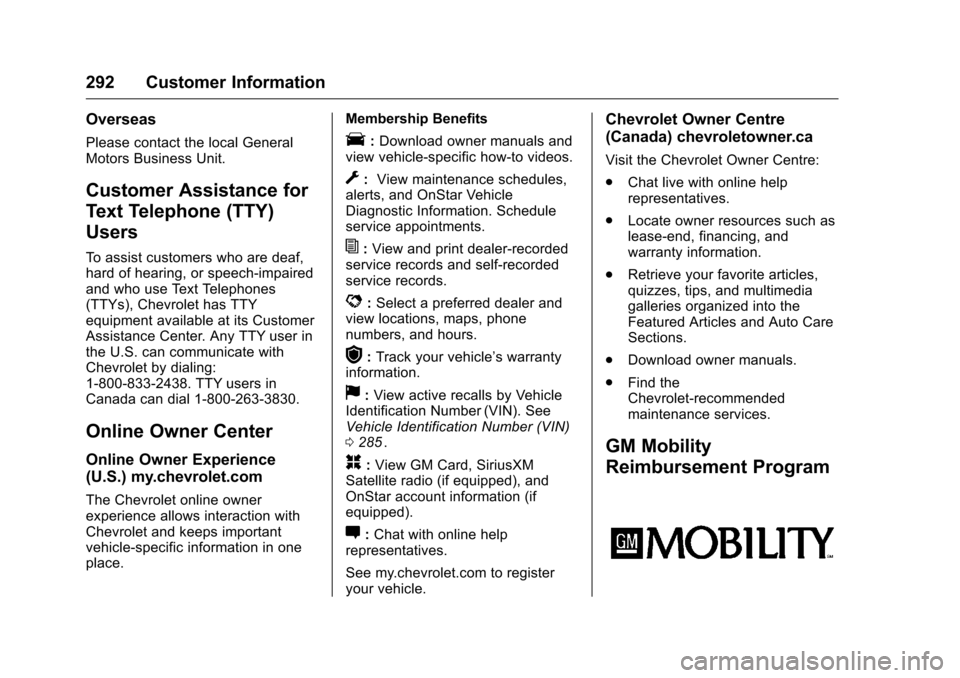 CHEVROLET EQUINOX 2016 2.G Owners Manual Chevrolet Equinox Owner Manual (GMNA-Localizing-U.S./Canada/Mexico-
9234773) - 2016 - crc - 9/3/15
292 Customer Information
Overseas
Please contact the local General
Motors Business Unit.
Customer Ass CHEVROLET EQUINOX 2016 2.G Owners Manual Chevrolet Equinox Owner Manual (GMNA-Localizing-U.S./Canada/Mexico-
9234773) - 2016 - crc - 9/3/15
292 Customer Information
Overseas
Please contact the local General
Motors Business Unit.
Customer Ass