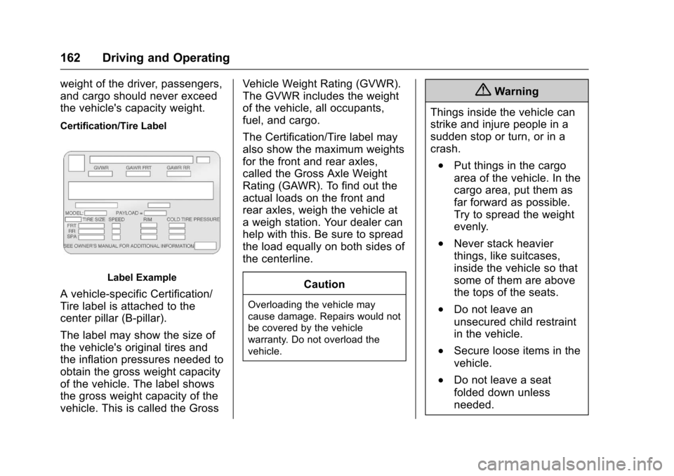 CHEVROLET EQUINOX 2017 2.G Owners Manual Chevrolet Equinox Owner Manual (GMNA-Localizing-U.S./Canada/Mexico-
9918169) - 2017 - CRC - 3/23/16
162 Driving and Operating
weight of the driver, passengers,
and cargo should never exceed
the vehicl