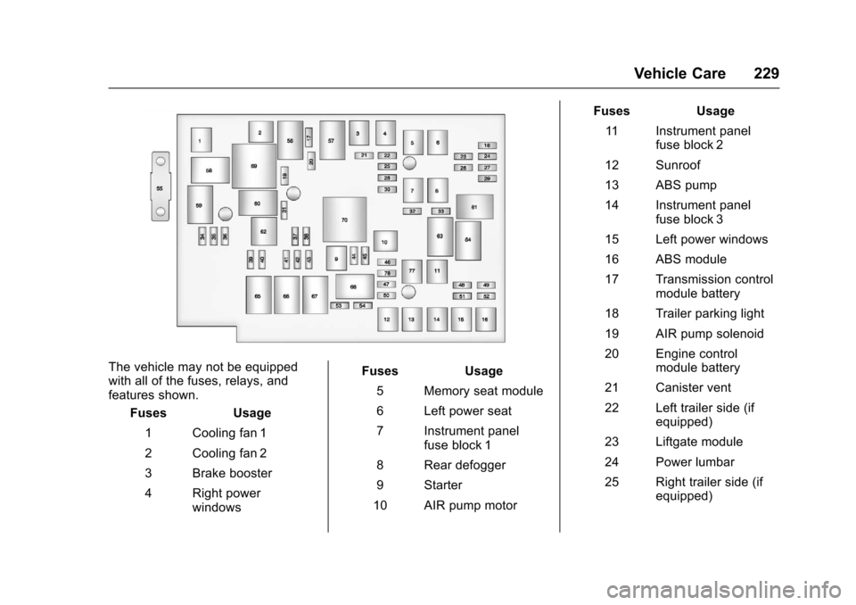 CHEVROLET EQUINOX 2017 2.G Owners Manual Chevrolet Equinox Owner Manual (GMNA-Localizing-U.S./Canada/Mexico-
9918169) - 2017 - CRC - 3/23/16
Vehicle Care 229
The vehicle may not be equipped
with all of the fuses, relays, and
features shown.F
