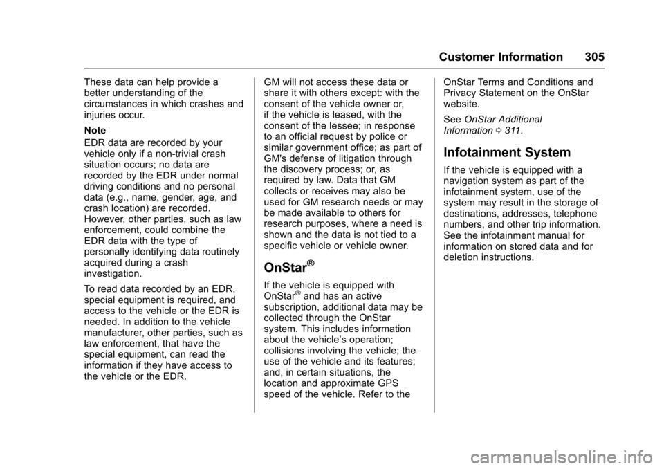 CHEVROLET EQUINOX 2017 2.G Owners Manual Chevrolet Equinox Owner Manual (GMNA-Localizing-U.S./Canada/Mexico-
9918169) - 2017 - CRC - 3/23/16
Customer Information 305
These data can help provide a
better understanding of the
circumstances in 