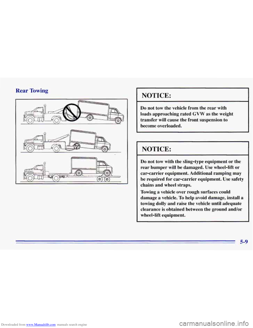 CHEVROLET EXPRESS 1996 1.G Owners Manual Downloaded from www.Manualslib.com manuals search engine Rear Towing 
NOTICE: 
Do not tow  the vehicle  from  the  rear with 
loads  approaching  rated 
GVW as  the  weight 
transfer  will cause  the 