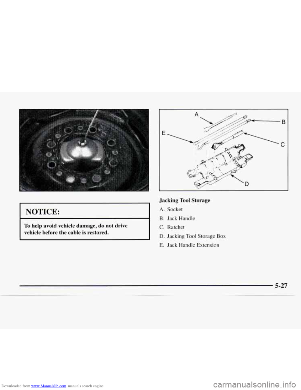 CHEVROLET EXPRESS 1997 1.G Owners Manual Downloaded from www.Manualslib.com manuals search engine I NOTICE: 
To help  avoid  vehicle  damage,  do  not  drive 
vehicle  before  the  cable  is restored. 
A 
E 
Jacking Tool Storage 
A. Socket 
