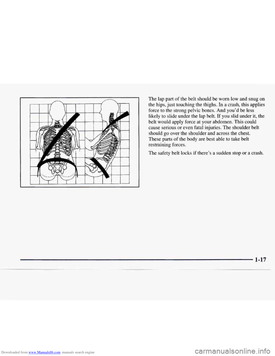 CHEVROLET EXPRESS 1997 1.G Owners Manual Downloaded from www.Manualslib.com manuals search engine The lap  part of the belt should  be  worn low and snug on 
the hips,  just  touching the  thighs. In a crash,  this  applies 
force  to  the s