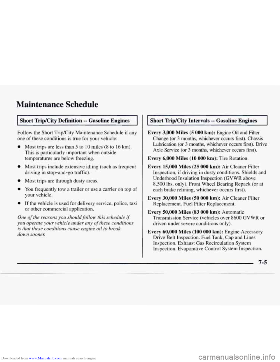 CHEVROLET EXPRESS 1997 1.G Owners Manual Downloaded from www.Manualslib.com manuals search engine Maintenance Schedule
Short TripKity Definition -- Gasoline Engines
Follow the Short Trip/City Maintenance Schedule if any
one
of thes CHEVROLET EXPRESS 1997 1.G Owners Manual Downloaded from www.Manualslib.com manuals search engine Maintenance Schedule
Short TripKity Definition -- Gasoline Engines
Follow the Short Trip/City Maintenance Schedule if any
one
of thes