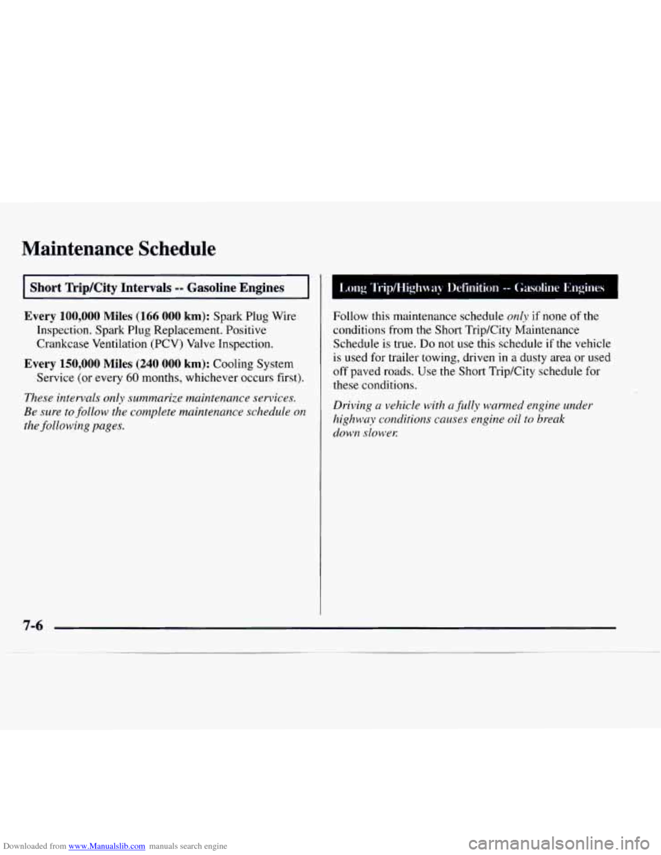 CHEVROLET EXPRESS 1997 1.G Owners Manual Downloaded from www.Manualslib.com manuals search engine Maintenance  Schedule 
I Short TripKity Intervals -- Gasom 
Every 100,000 Miles (166 000 km): Spark Plug  Wire 
Inspection. Spark Plug Replacem