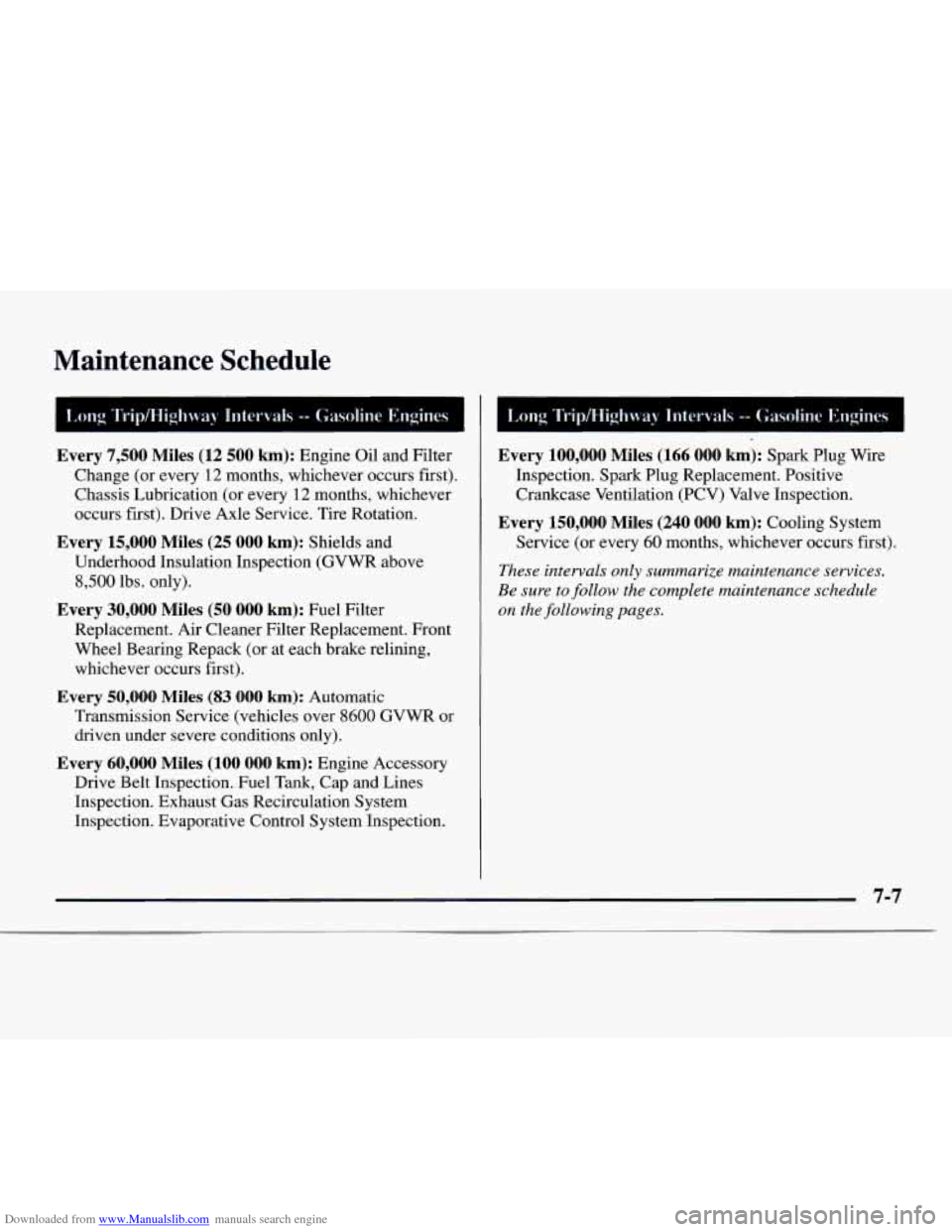 CHEVROLET EXPRESS 1997 1.G Owners Manual Downloaded from www.Manualslib.com manuals search engine Maintenance Schedule
Every 7,500 Miles (12 500 km): Engine Oil and Filter
Change (or every
12 months, whichever occurs first).
Chassi CHEVROLET EXPRESS 1997 1.G Owners Manual Downloaded from www.Manualslib.com manuals search engine Maintenance Schedule
Every 7,500 Miles (12 500 km): Engine Oil and Filter
Change (or every
12 months, whichever occurs first).
Chassi