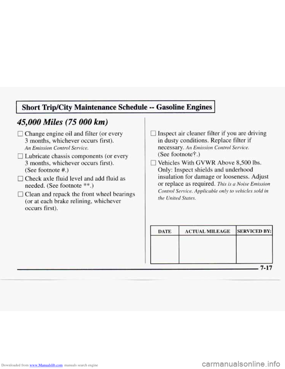 CHEVROLET EXPRESS 1997 1.G Owners Manual Downloaded from www.Manualslib.com manuals search engine 1 Short TripKity  Maintenance  Schedule  Gasoline  Engines I 
45,000 Miles (75 000 km) 
0 Change engine oil  and filter  (or every 
3 months, w
