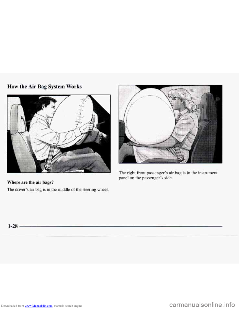 CHEVROLET EXPRESS 1997 1.G Owners Manual Downloaded from www.Manualslib.com manuals search engine How the Air Bag  System Works 
Where are the air bags? 
The driver’s air bag is in the  middle of the  steering  wheel. The right front passe