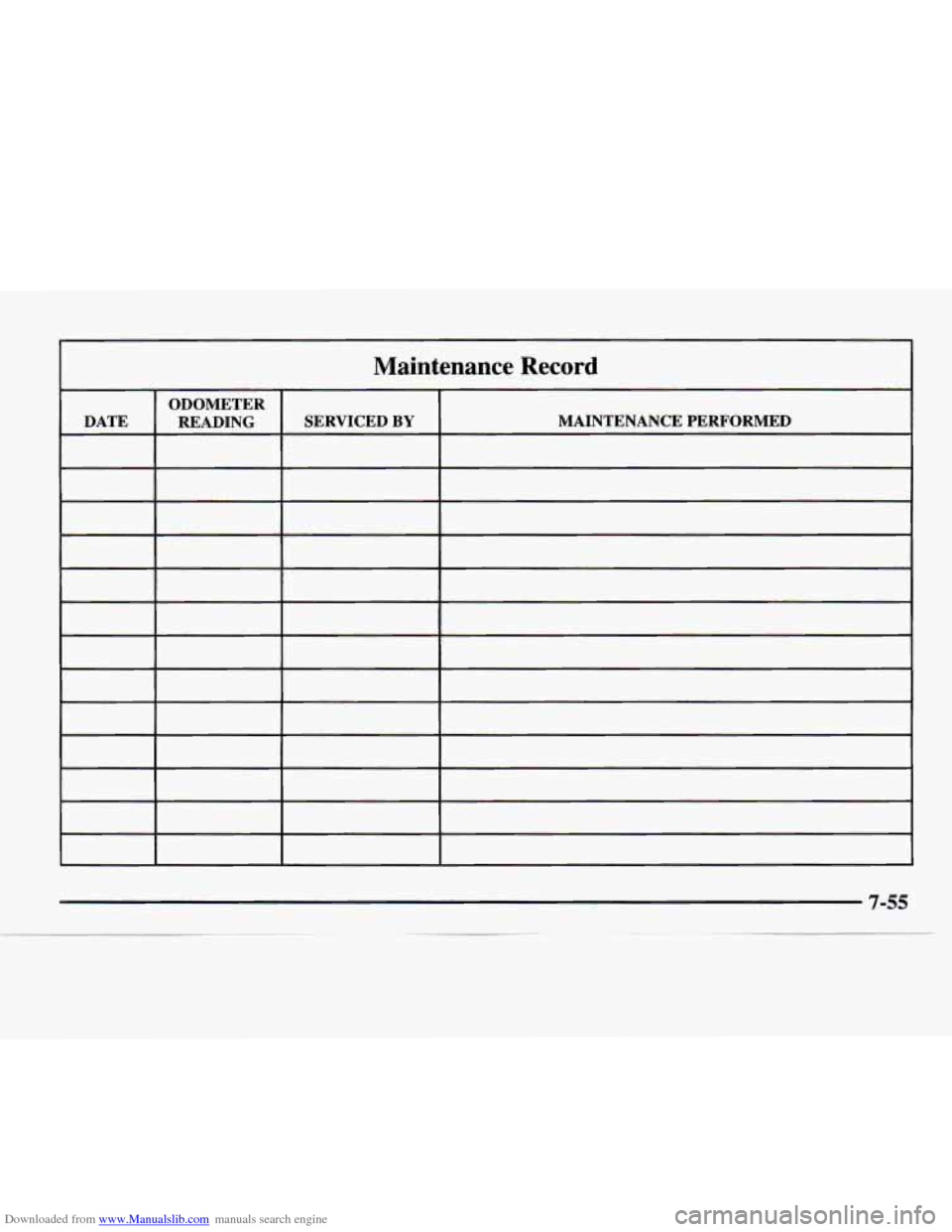 CHEVROLET EXPRESS 1997 1.G Owners Manual Downloaded from www.Manualslib.com manuals search engine Maintenance  Record 
ODOMETER 
DATE  MAINTENANCE PERFORMED 
SERVICED 
BY READING   
