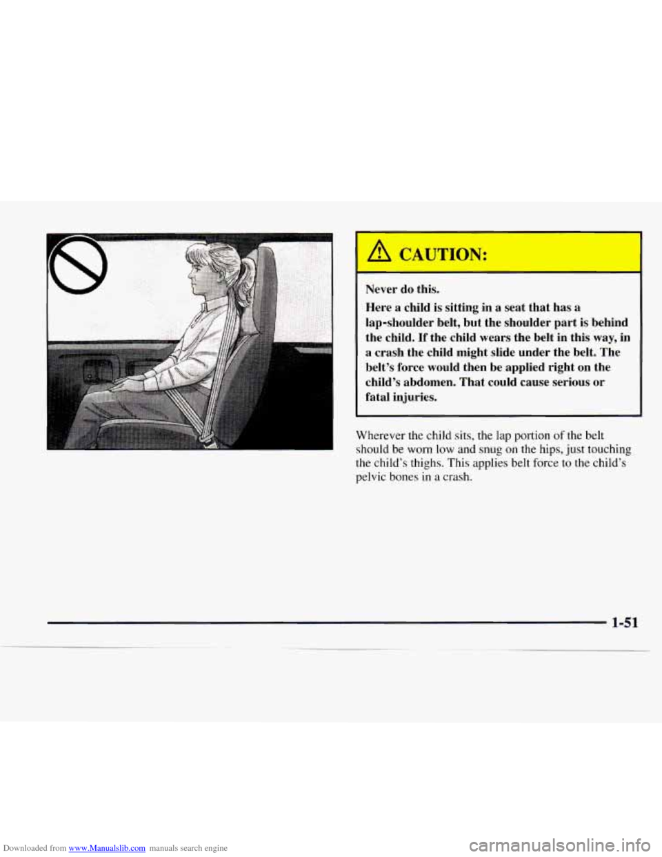 CHEVROLET EXPRESS 1997 1.G Owners Manual Downloaded from www.Manualslib.com manuals search engine Never do this. 
Here a child  is sitting  in a seat  that  has 
a 
lap-shoulder  belt, but  the  shoulder  part is behind 
the  child. 
If the 