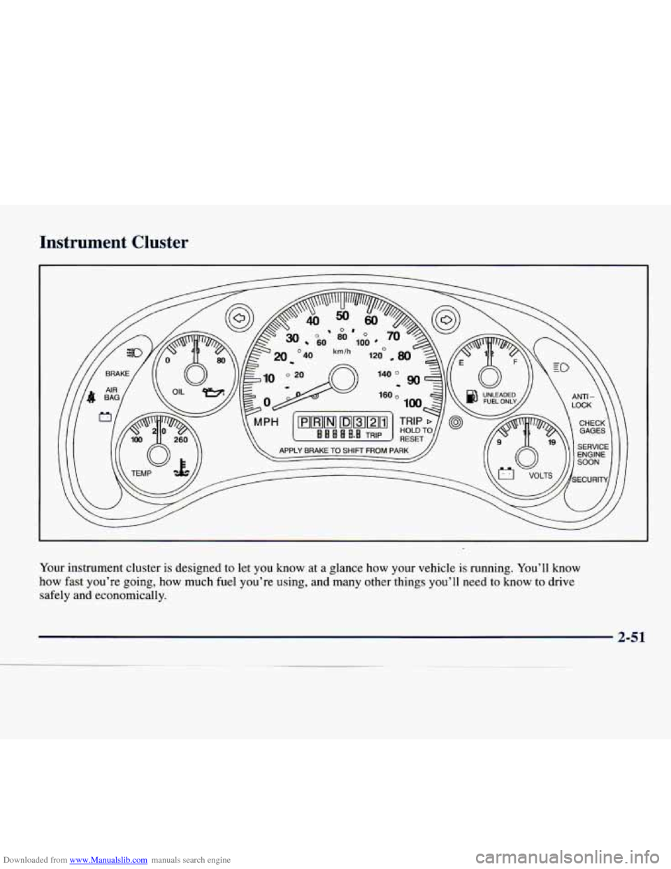 CHEVROLET EXPRESS 1998 1.G Owners Manual Downloaded from www.Manualslib.com manuals search engine Instrument  Cluster 
Your instrument cluster is designed  to let  you  know  at a glance  how your vehicle  is  running.  You’ll  know 
how  