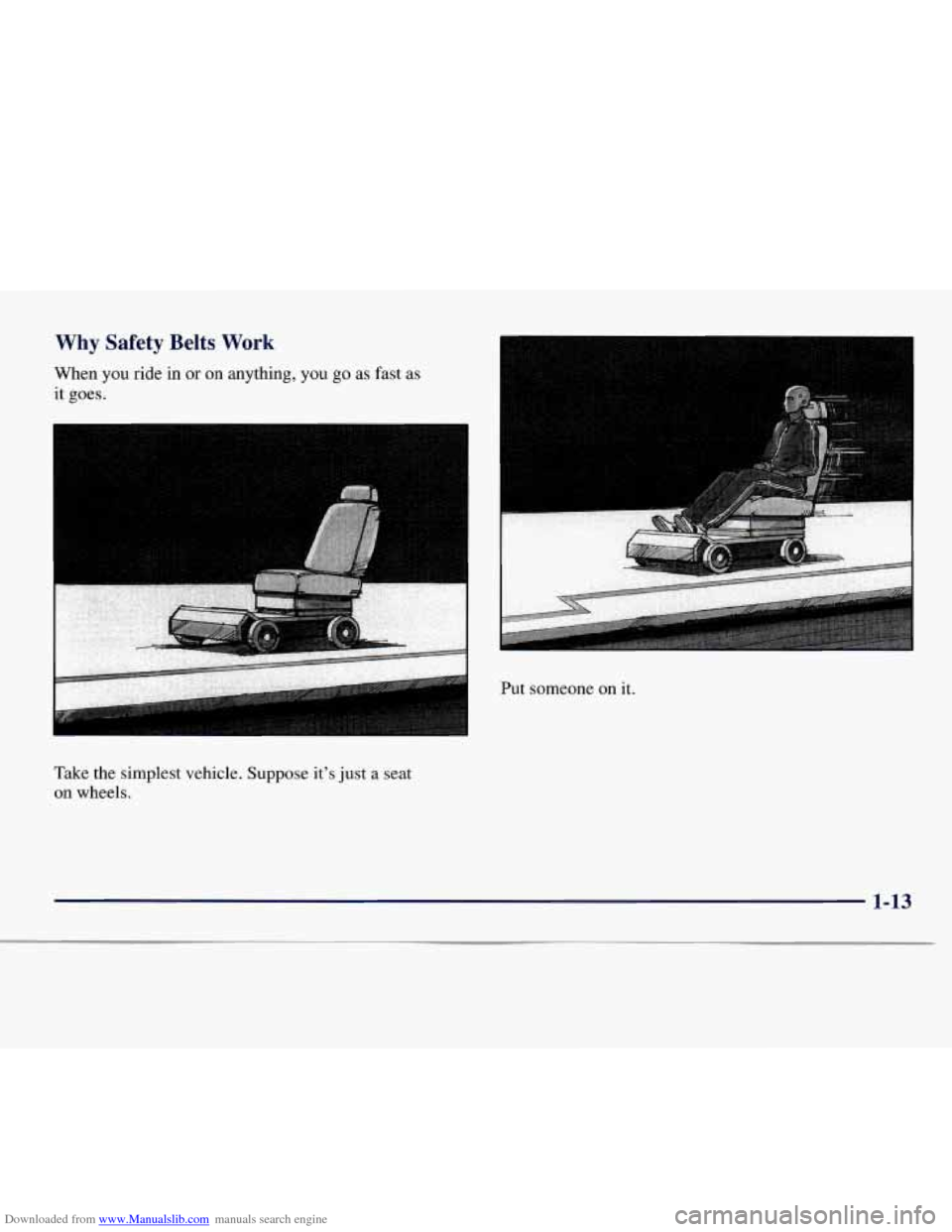 CHEVROLET EXPRESS 1998 1.G Owners Manual Downloaded from www.Manualslib.com manuals search engine Why  Safety Belts Work 
When  you ride in or on anything, you go as fast  as 
it goes. 
Take  the simplest vehicle. Suppose its  just a seat 
