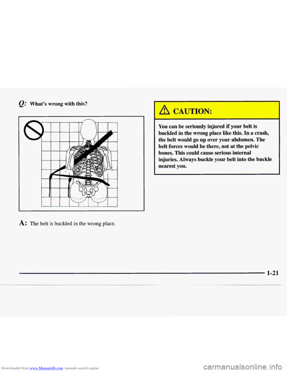 CHEVROLET EXPRESS 1998 1.G Owners Manual Downloaded from www.Manualslib.com manuals search engine @ Whats  wrong  with  this? 
t I I I I 1 I I 
A: The belt is buckled in the wrong place. 
,A Cn ITION: 
You can be seriously  injured if your 