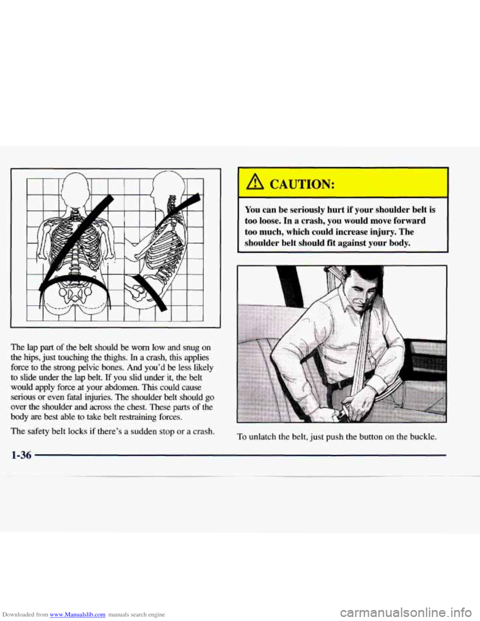 CHEVROLET EXPRESS 1998 1.G Owners Manual Downloaded from www.Manualslib.com manuals search engine The  lap part of the  belt  should  be  worn  low  and  snug  on 
the  hips,  just touching  the  thighs. 
In a crash,  this  applies 
force  t