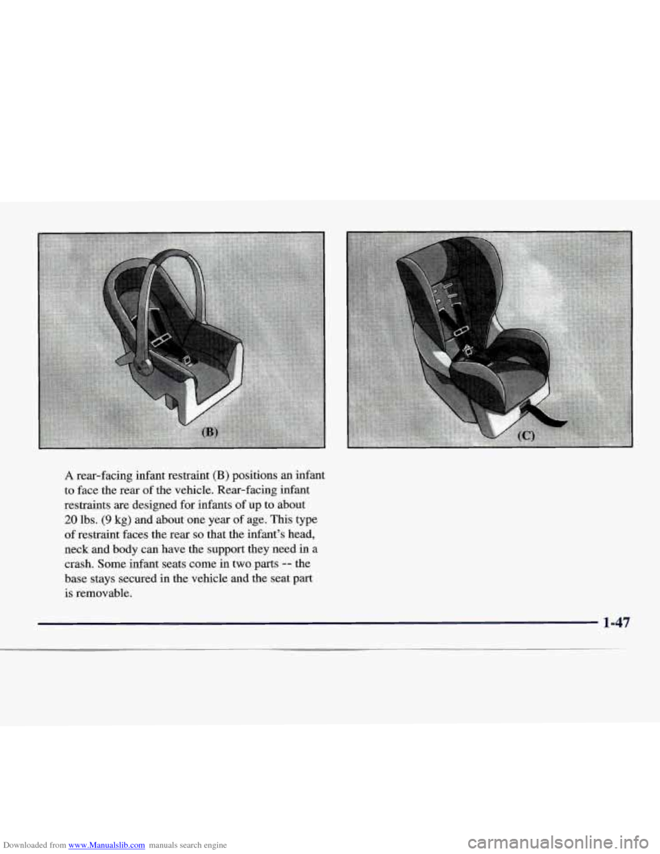 CHEVROLET EXPRESS 1998 1.G Owners Manual Downloaded from www.Manualslib.com manuals search engine A rear-facing infant restraint (B) positions an infant 
to  face  the rear 
of the vehicle.  Rear-facing  infant 
restraints  are designed  for