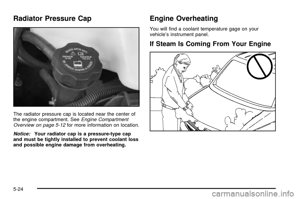 CHEVROLET EXPRESS CARGO VAN 2003 1.G Owners Manual Radiator Pressure Cap
The radiator pressure cap is located near the center of
the engine compartment. SeeEngine Compartment
Overview on page 5-12for more information on location.
Notice:Your radiator 