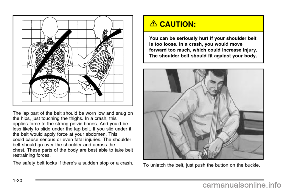 CHEVROLET EXPRESS CARGO VAN 2003 1.G Owners Manual The lap part of the belt should be worn low and snug on
the hips, just touching the thighs. In a crash, this
applies force to the strong pelvic bones. And youd be
less likely to slide under the lap b