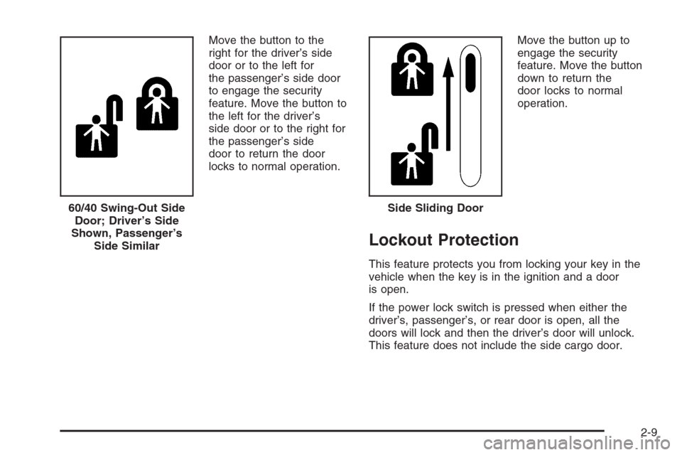 CHEVROLET EXPRESS CARGO VAN 2006 1.G Owners Manual Move the button to the
right for the driver’s side
door or to the left for
the passenger’s side door
to engage the security
feature. Move the button to
the left for the driver’s
side door or to 