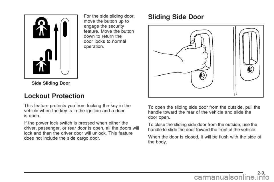 CHEVROLET EXPRESS CARGO VAN 2009 1.G Owners Manual For the side sliding door,
move the button up to
engage the security
feature. Move the button
down to return the
door locks to normal
operation.
Lockout Protection
This feature protects you from locki