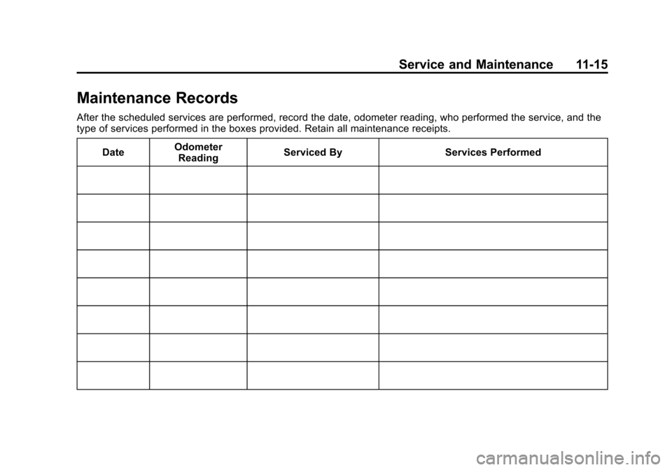 CHEVROLET EXPRESS CARGO VAN 2013 1.G Owners Manual Black plate (15,1)Chevrolet Express Owner Manual - 2013 - 1stPrintReady - 6/19/12
Service and Maintenance 11-15
Maintenance Records
After the scheduled services are performed, record the date, odomete