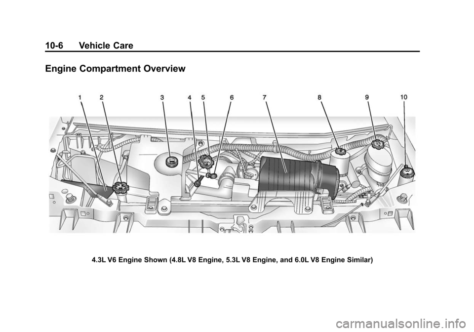 CHEVROLET EXPRESS CARGO VAN 2014 1.G Owners Manual Black plate (6,1)Chevrolet Express Owner Manual (GMNA-Localizing-U.S./Canada/Mexico-
6014662) - 2014 - crc - 8/26/13
10-6 Vehicle Care
Engine Compartment Overview
4.3L V6 Engine Shown (4.8L V8 Engine,