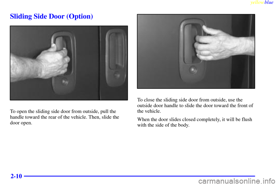 CHEVROLET EXPRESS CARGO VAN 2000 1.G Owners Manual yellowblue     
2-10
Sliding Side Door (Option)
To open the sliding side door from outside, pull the
handle toward the rear of the vehicle. Then, slide the
door open.
To close the sliding side door fr