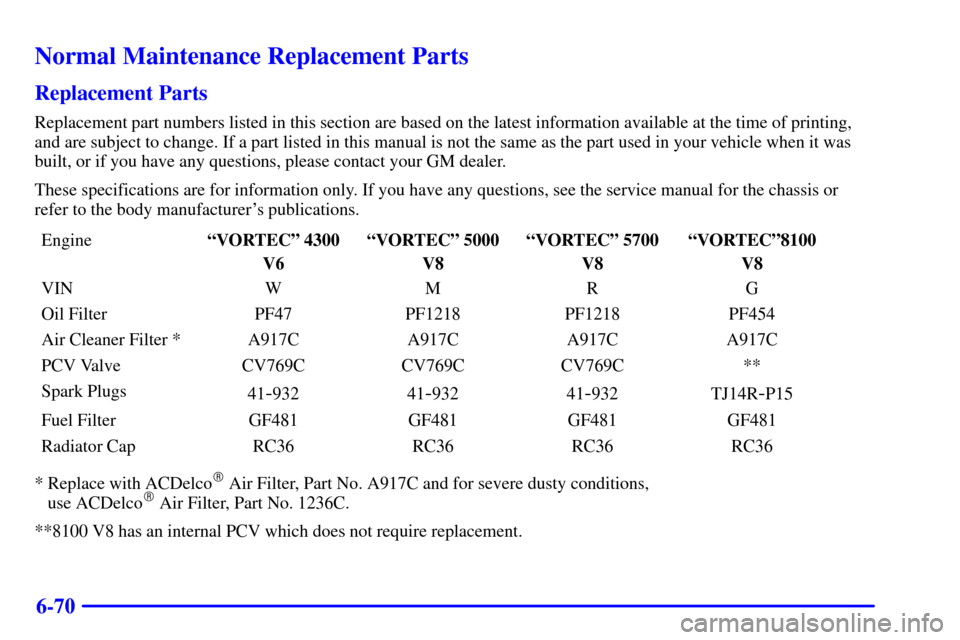 CHEVROLET EXPRESS CARGO VAN 2001 1.G Owners Manual 6-70
Normal Maintenance Replacement Parts
Replacement Parts
Replacement part numbers listed in this section are based on the latest information available at the time of printing,
and are subject to ch