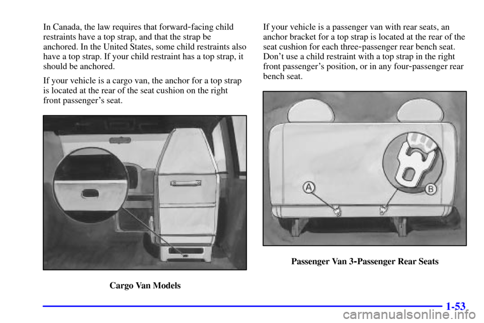 CHEVROLET EXPRESS CARGO VAN 2001 1.G Owners Manual 1-53
In Canada, the law requires that forward-facing child
restraints have a top strap, and that the strap be
anchored. In the United States, some child restraints also
have a top strap. If your child