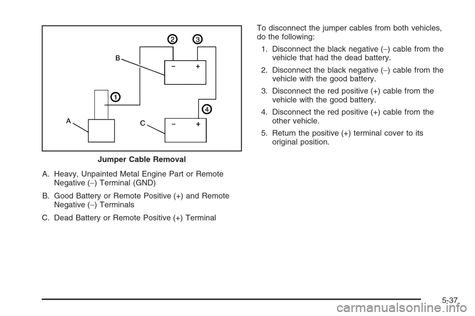 CHEVROLET HHR 2006 1.G Owners Manual A. Heavy, Unpainted Metal Engine Part or Remote
Negative (−) Terminal (GND)
B. Good Battery or Remote Positive (+) and Remote
Negative (−) Terminals
C. Dead Battery or Remote Positive (+) Terminal