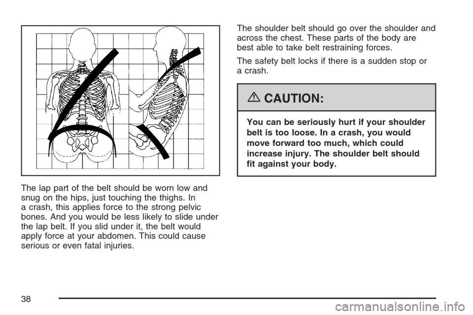 CHEVROLET HHR 2007 1.G Owners Manual The lap part of the belt should be worn low and
snug on the hips, just touching the thighs. In
a crash, this applies force to the strong pelvic
bones. And you would be less likely to slide under
the l