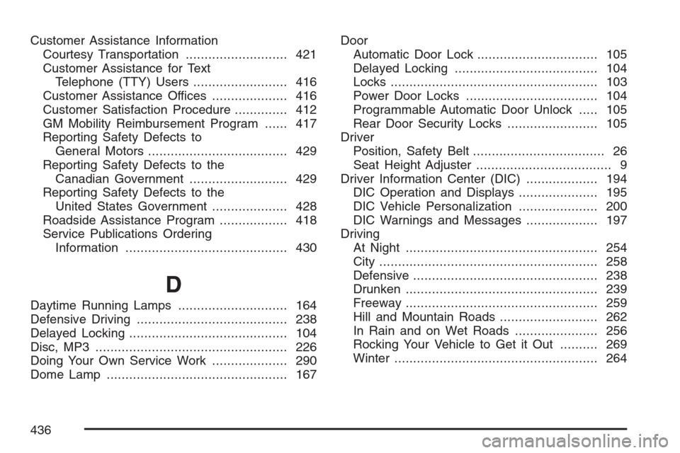 CHEVROLET HHR 2007 1.G Owners Manual Customer Assistance Information
Courtesy Transportation........................... 421
Customer Assistance for Text
Telephone (TTY) Users......................... 416
Customer Assistance Offices......