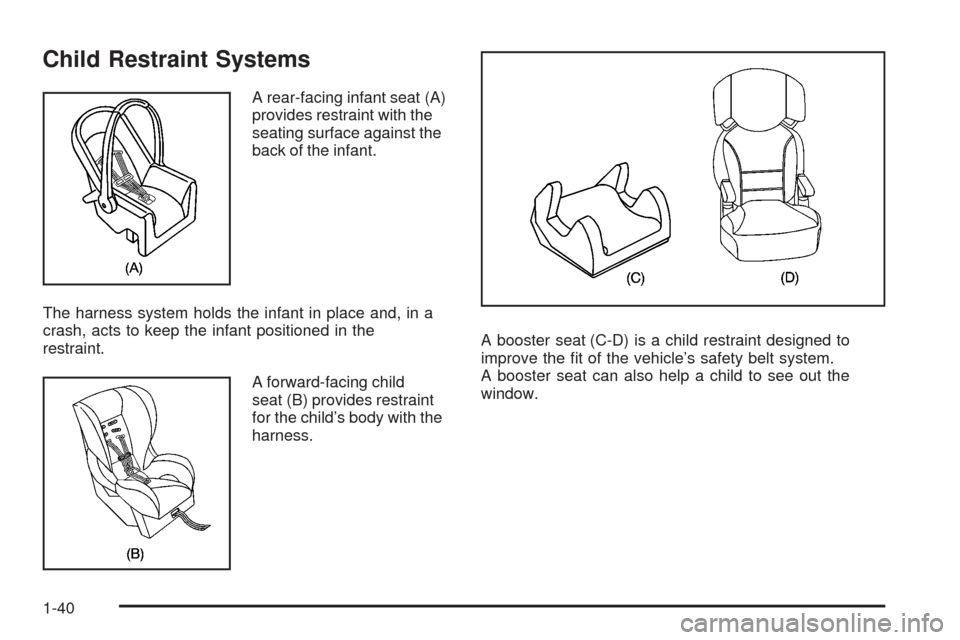 CHEVROLET HHR 2008 1.G Owners Manual Child Restraint Systems
A rear-facing infant seat (A)
provides restraint with the
seating surface against the
back of the infant.
The harness system holds the infant in place and, in a
crash, acts to 