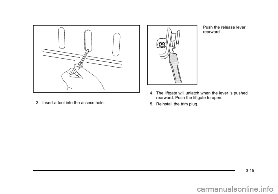 CHEVROLET HHR 2010 1.G Owners Manual 3. Insert a tool into the access hole.
Push the release lever
rearward.
4. The liftgate will unlatch when the lever is pushed rearward. Push the liftgate to open.
5. Reinstall the trim plug.
3-15 