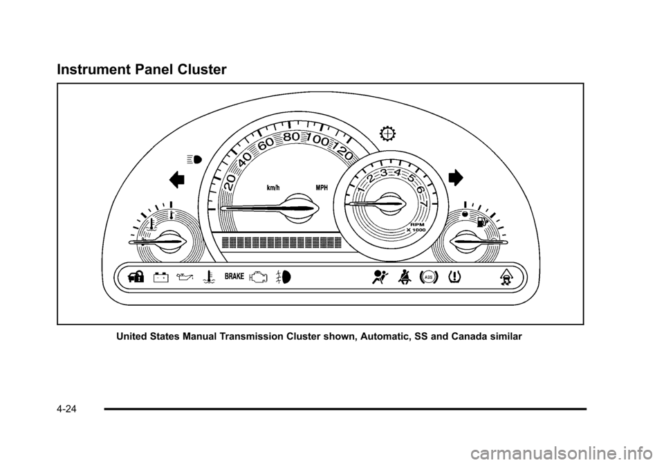 CHEVROLET HHR 2010 1.G Owners Manual Instrument Panel Cluster
United States Manual Transmission Cluster shown, Automatic, SS and Canada similar
4-24 