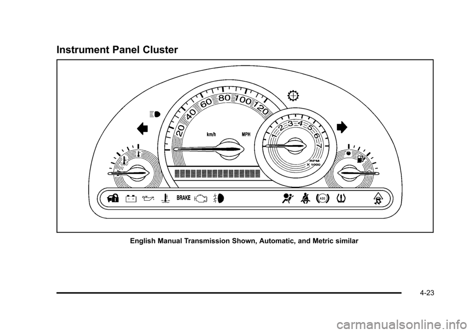 CHEVROLET HHR 2011 1.G Owners Manual Black plate (23,1)Chevrolet HHR Owner Manual - 2011
Instrument Panel Cluster
English Manual Transmission Shown, Automatic, and Metric similar
4-23 