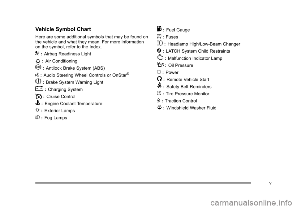 CHEVROLET HHR 2011 1.G Owners Manual Black plate (5,1)Chevrolet HHR Owner Manual - 2011
Vehicle Symbol Chart
Here are some additional symbols that may be found on
the vehicle and what they mean. For more information
on the symbol, refer 