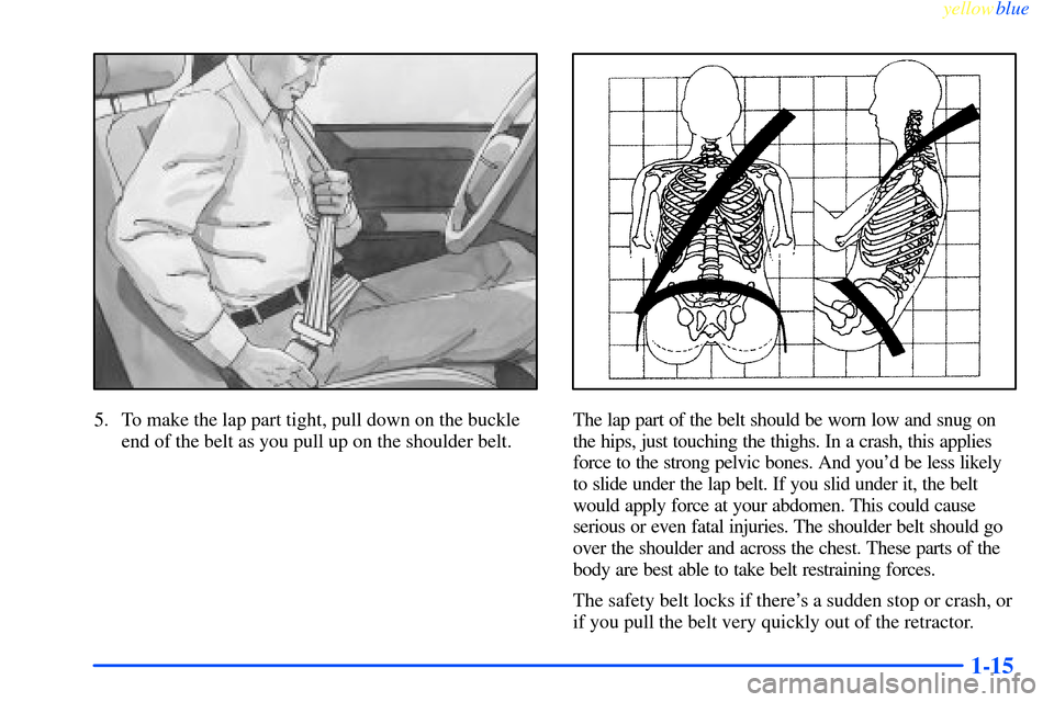 CHEVROLET IMPALA 2000 8.G Owners Manual yellowblue     
1-15
5. To make the lap part tight, pull down on the buckle
end of the belt as you pull up on the shoulder belt.The lap part of the belt should be worn low and snug on
the hips, just t