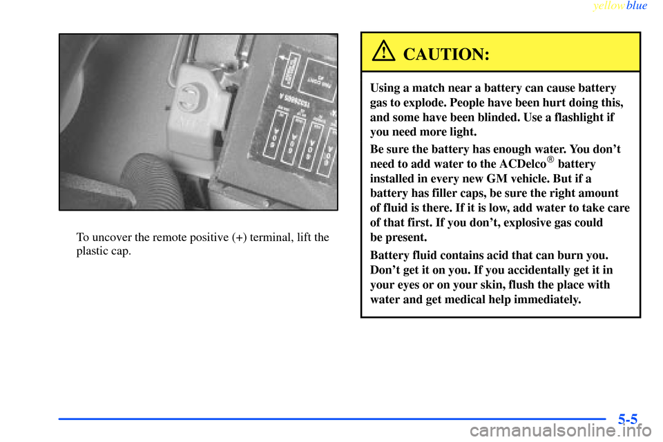 CHEVROLET IMPALA 2000 8.G Owners Manual yellowblue     
5-5
To uncover the remote positive (+) terminal, lift the
plastic cap.
CAUTION:
Using a match near a battery can cause battery
gas to explode. People have been hurt doing this,
and som