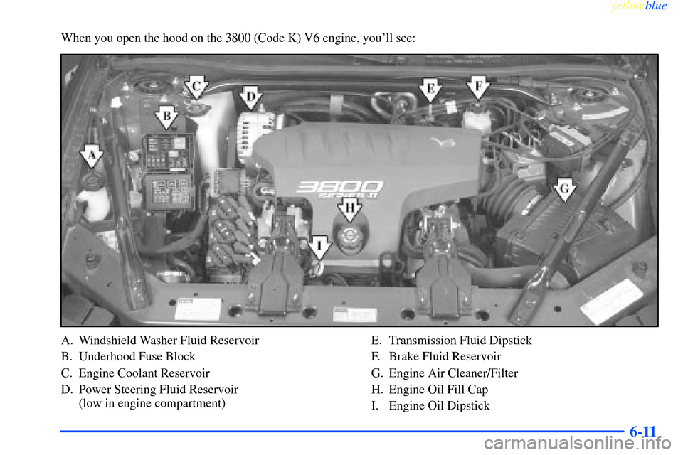 CHEVROLET IMPALA 2000 8.G Owners Manual yellowblue     
6-11
When you open the hood on the 3800 (Code K) V6 engine, youll see:
A. Windshield Washer Fluid Reservoir
B. Underhood Fuse Block
C. Engine Coolant Reservoir
D. Power Steering Fluid