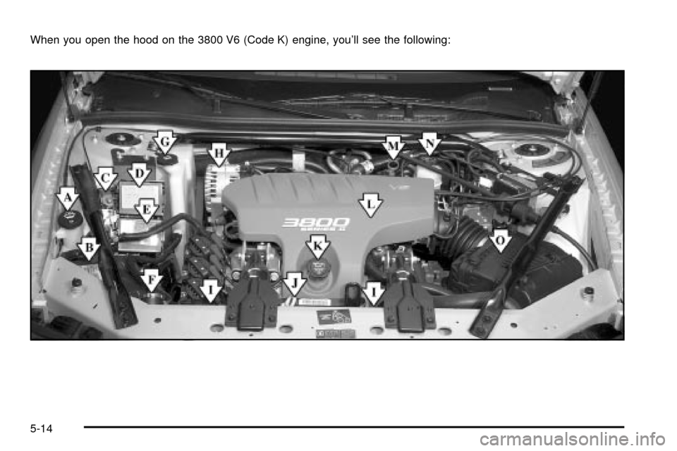 CHEVROLET IMPALA 2003 8.G Owners Manual When you open the hood on the 3800 V6 (Code K) engine, youll see the following:
5-14 