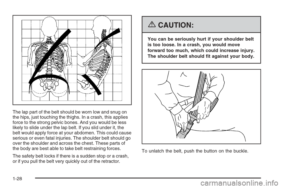 CHEVROLET IMPALA 2006 9.G Owners Manual The lap part of the belt should be worn low and snug on
the hips, just touching the thighs. In a crash, this applies
force to the strong pelvic bones. And you would be less
likely to slide under the l