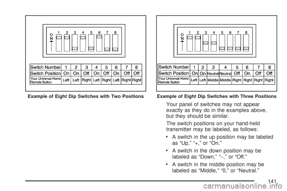 CHEVROLET IMPALA 2007 9.G Owners Manual Your panel of switches may not appear
exactly as they do in the examples above,
but they should be similar.
The switch positions on your hand-held
transmitter may be labeled, as follows:
A switch in t