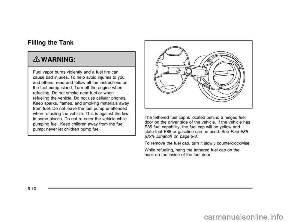 CHEVROLET IMPALA 2010 9.G Owners Manual Filling the Tank
{
WARNING:
Fuel vapor burns violently and a fuel ﬁre can
cause bad injuries. To help avoid injuries to you
and others, read and follow all the instructions on
the fuel pump island. 