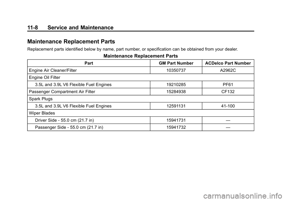 CHEVROLET IMPALA 2011 9.G Owners Manual Black plate (8,1)Chevrolet Impala Owner Manual - 2011
11-8 Service and Maintenance
Maintenance Replacement Parts
Replacement parts identified below by name, part number, or specification can be obtain